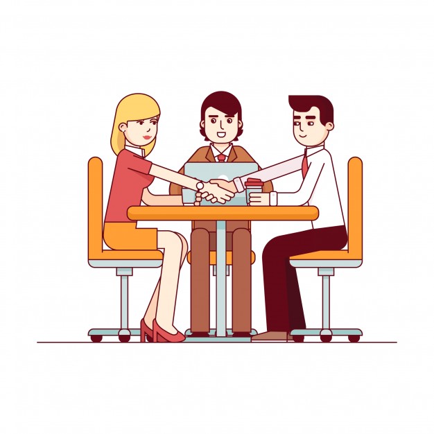 sentados em uma mesa, três bonecos em reunião
