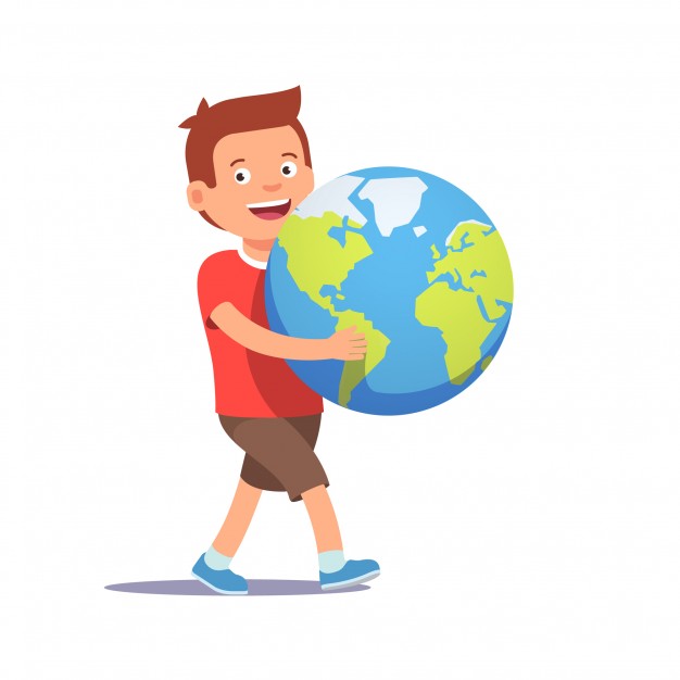 boneco de um menino carregando o planeta terra nas mãos
